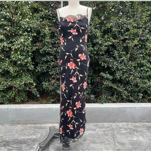 Black Vintage Y2K Style Red Floral Spaghetti Strap Tank Maxi Dress Medium Event